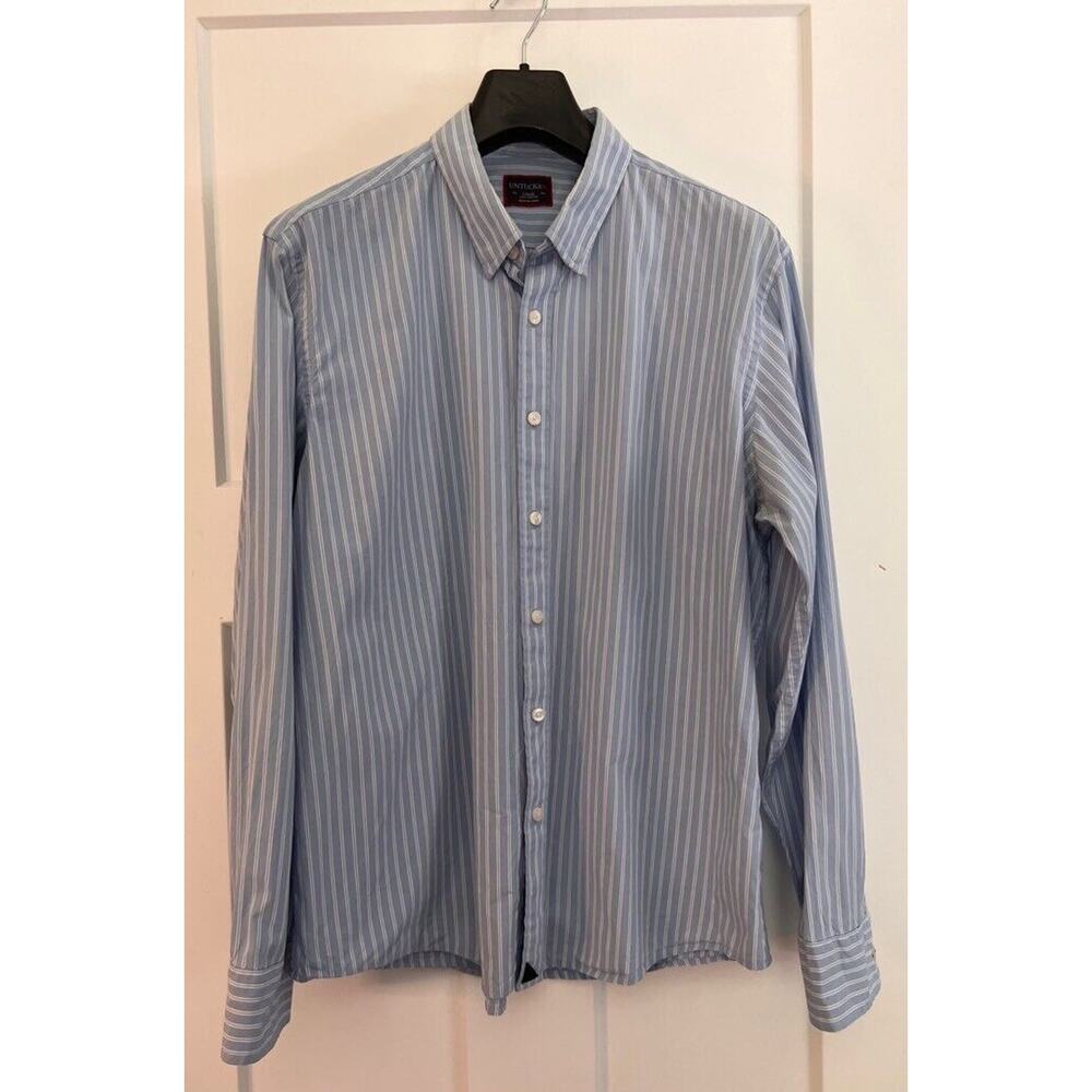 UNTUCKit Mens Button Up Shirt Blue White Stripe 100% Cotton LARGE